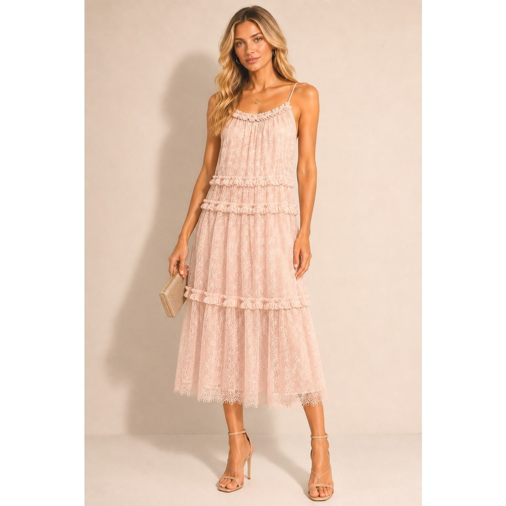 Calvin Klein Tiered Lace Midi Dress‎ Eyelash Trim Blush Pink Spaghetti Strap 10